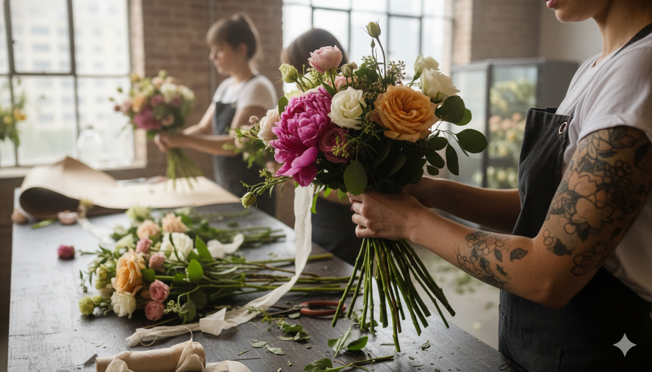 Fresh flowers being arranged at the studio